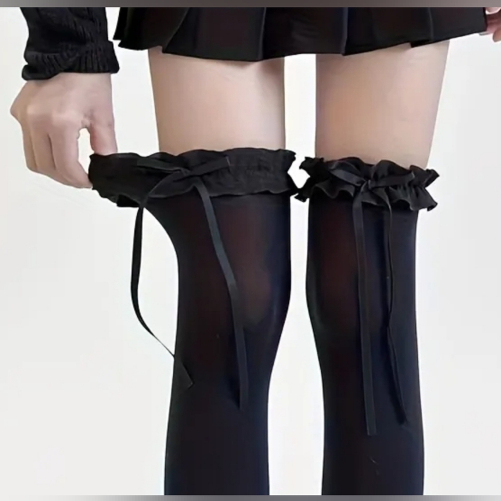 Sexy Lolita Black Thigh High Stockings With Black Bow & Ribbon